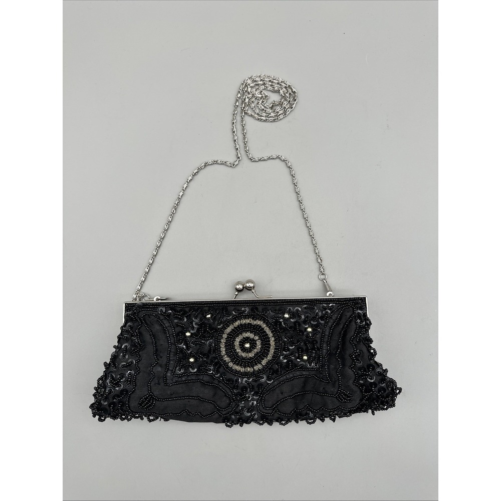 Black beaded and sequin purse with a 21 inch Silver Chain with Silver clasp